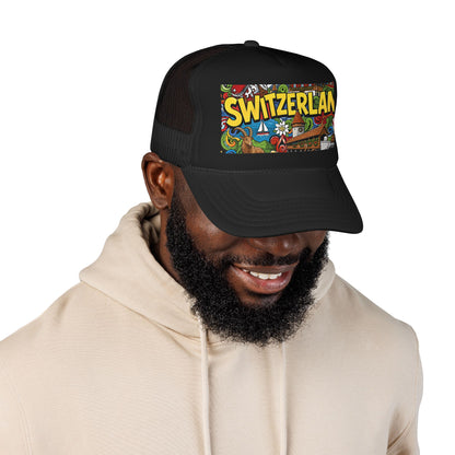 Black mesh trucker hat on model, with colorful “SWITZERLAN” front graphic patch