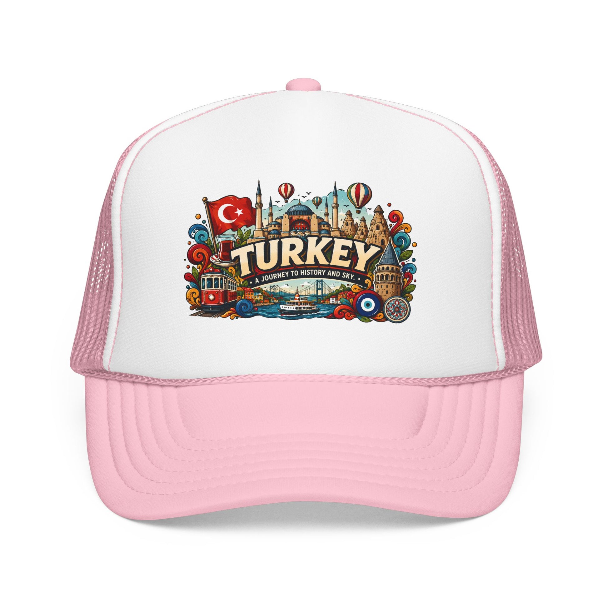 Turkey trucker hat with white front, light pink mesh sides, and Turkey graphic patch