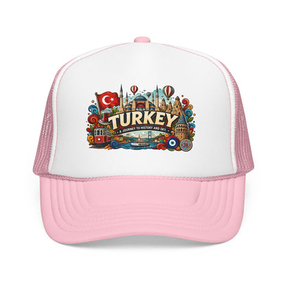 Turkey trucker hat with white front, light pink mesh sides, and Turkey graphic patch