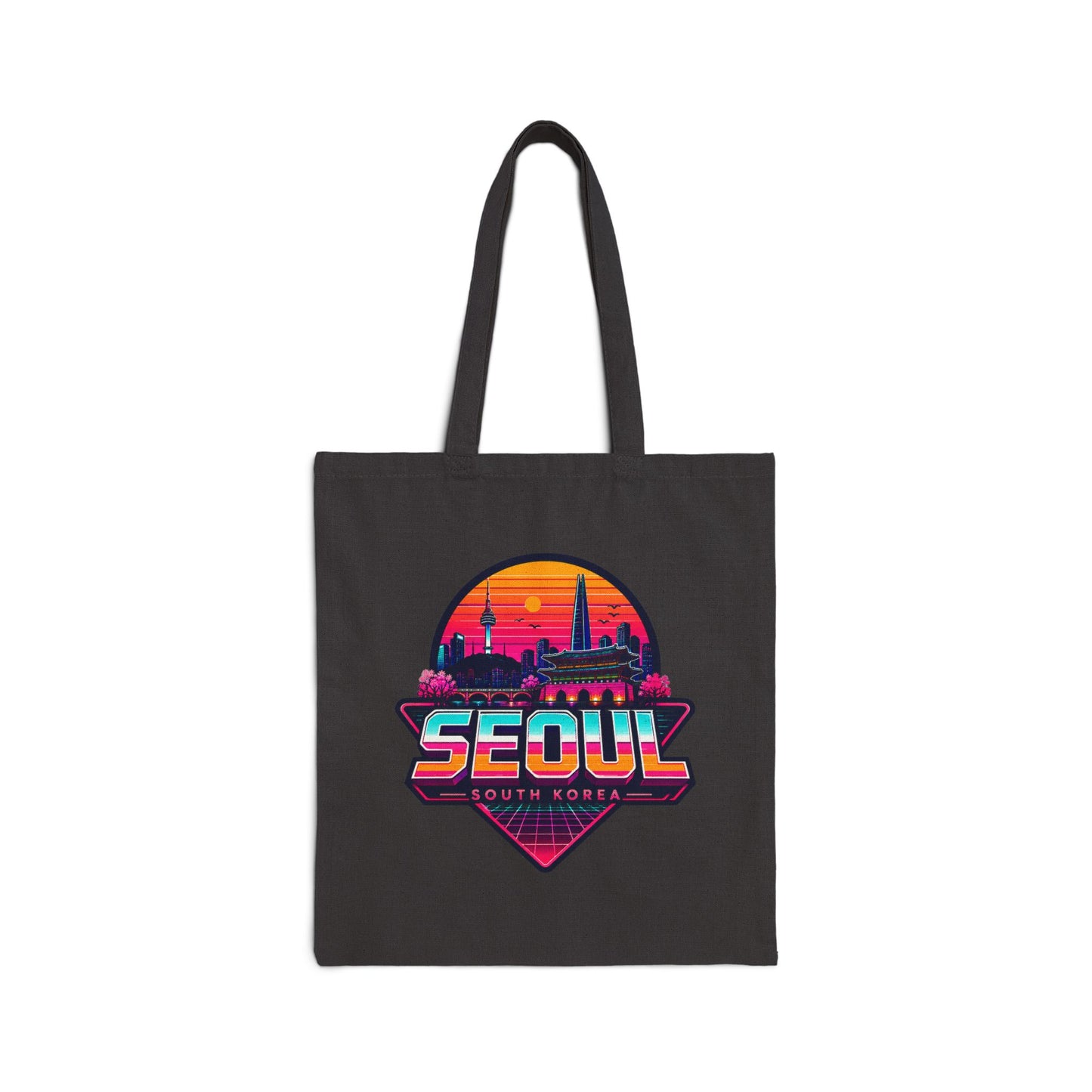 Black canvas tote bag with colorful Seoul skyline graphic and Seoul text.
