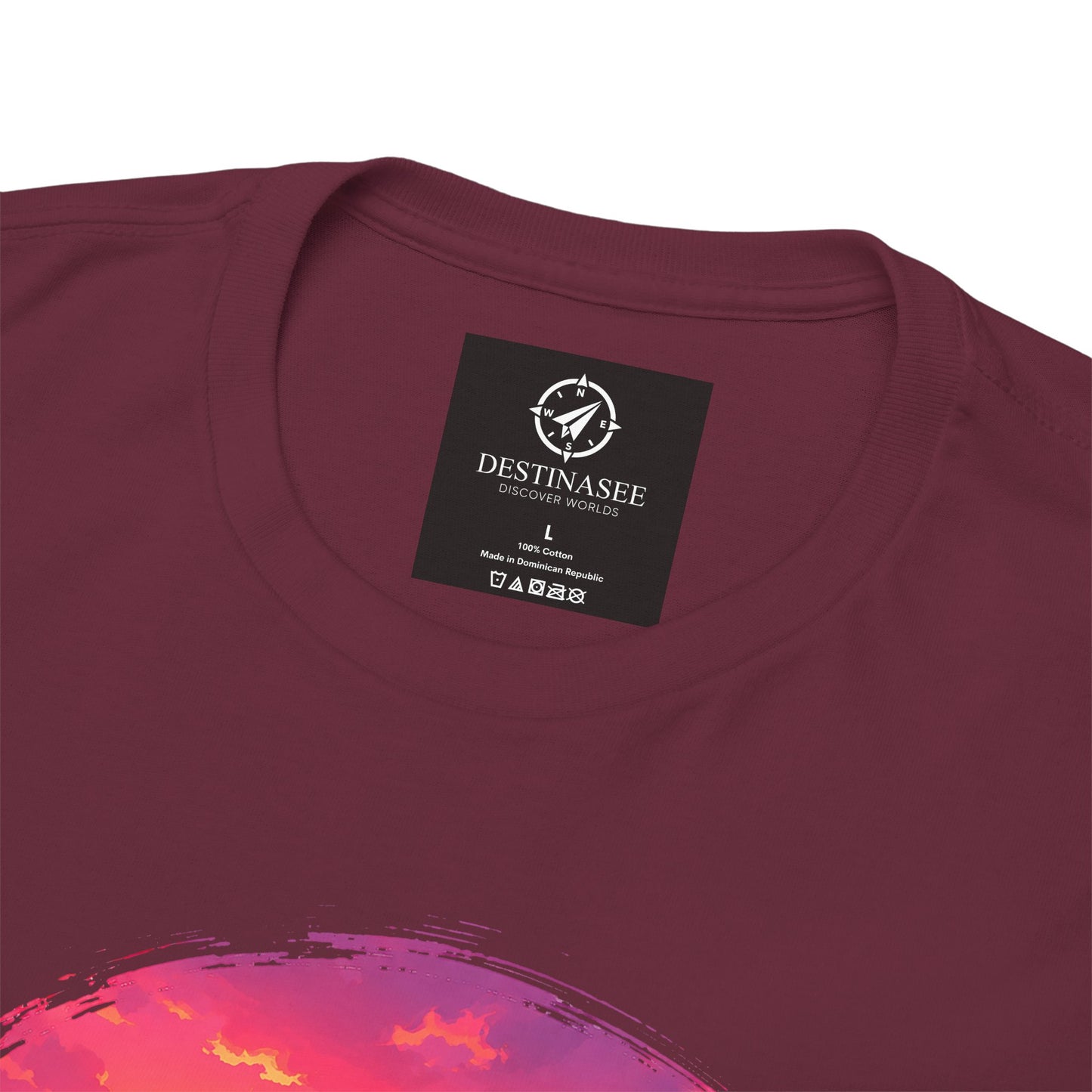 Maroon crewneck t-shirt showing front logo neck label and partial Busan sunset graphic