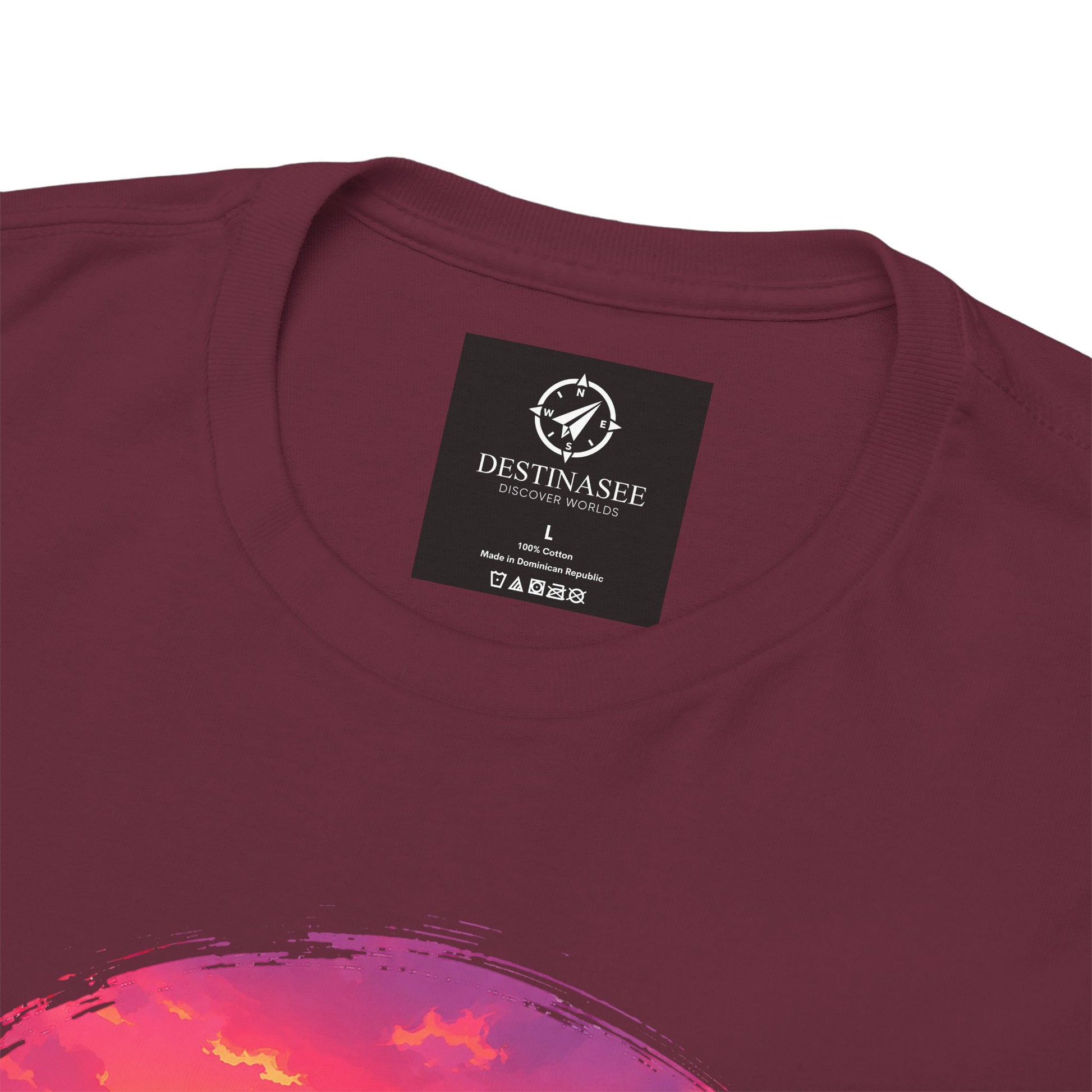 Maroon crewneck t-shirt showing front logo neck label and partial Busan sunset graphic