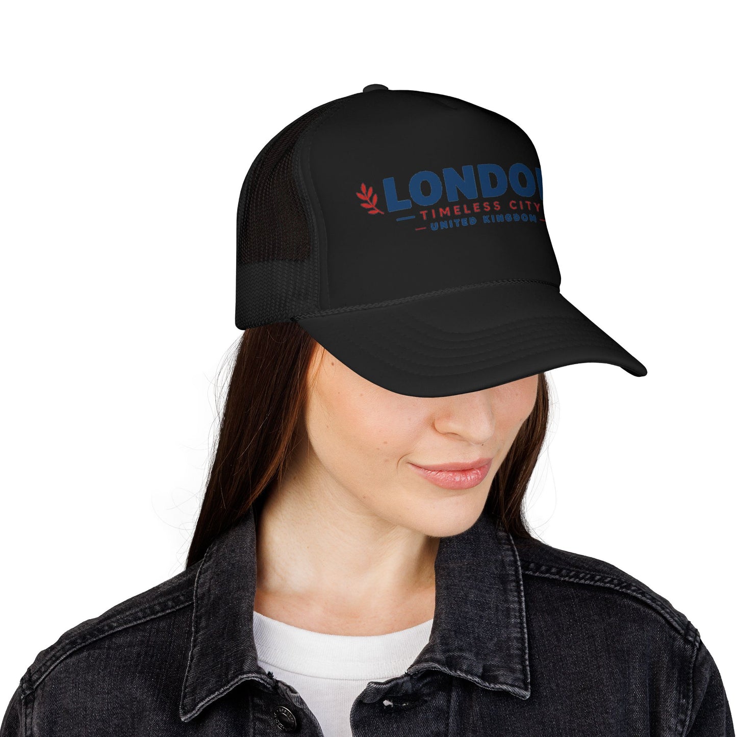 Black mesh trucker hat with blue “LONDON” logo on front panel