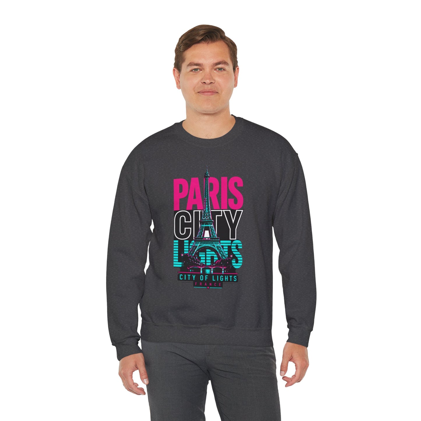 Dark gray crewneck sweatshirt with colorful "PARIS CITY" Eiffel Tower graphic on front