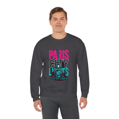 Dark gray crewneck sweatshirt with colorful "PARIS CITY" Eiffel Tower graphic on front