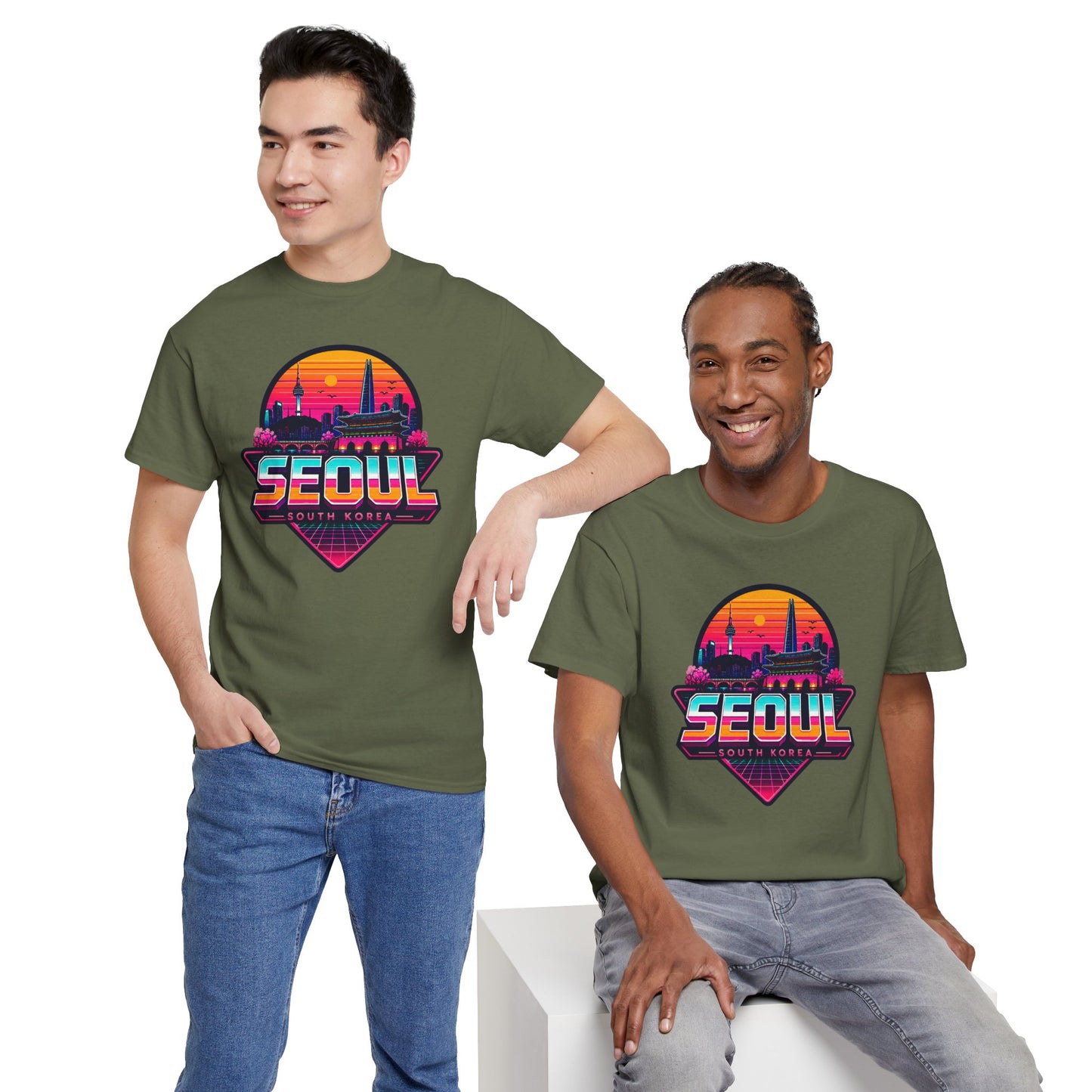 Olive green short-sleeve T-shirt with Seoul heart city graphic, worn by two men