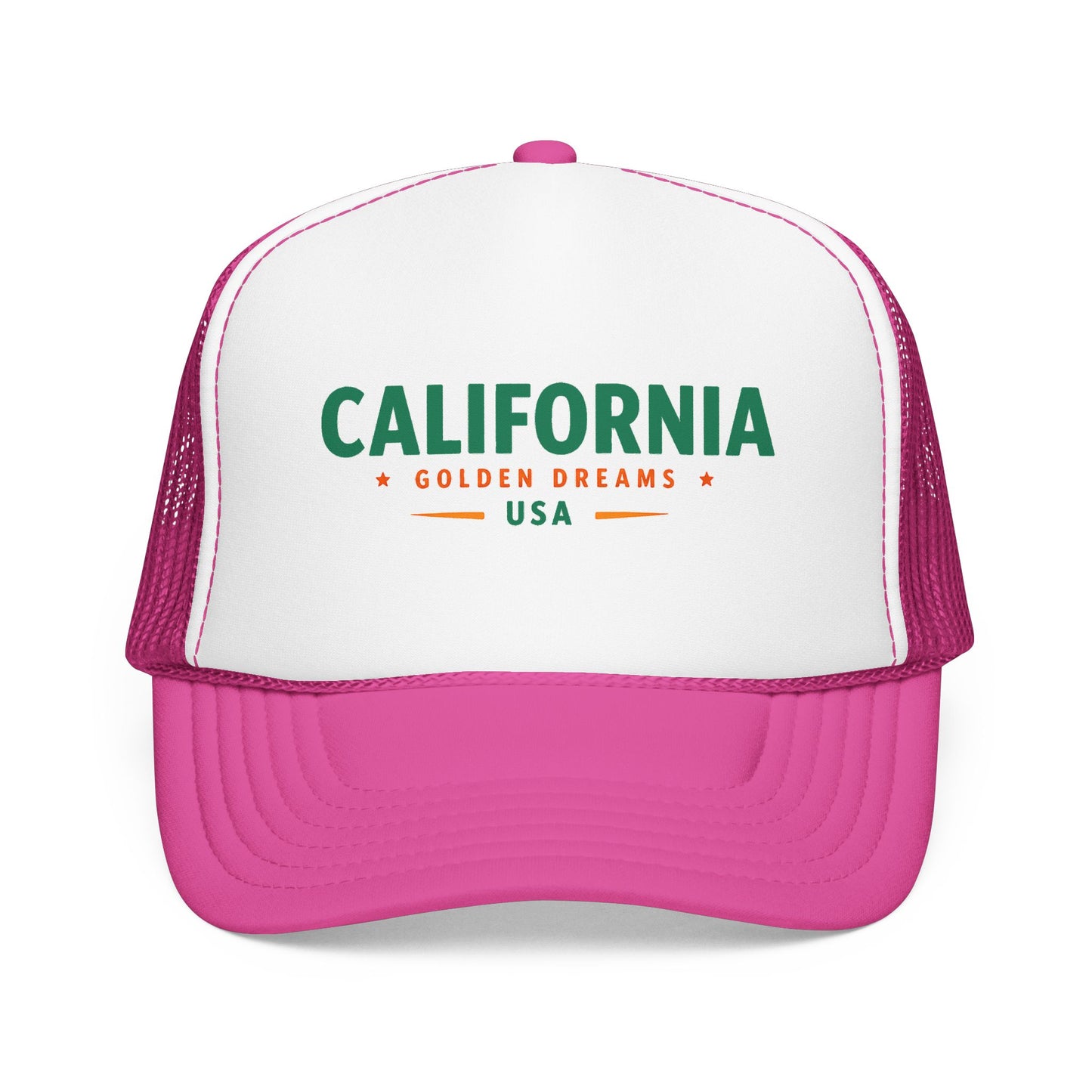 Two-tone trucker hat with white front, pink mesh sides, and green “California” logo