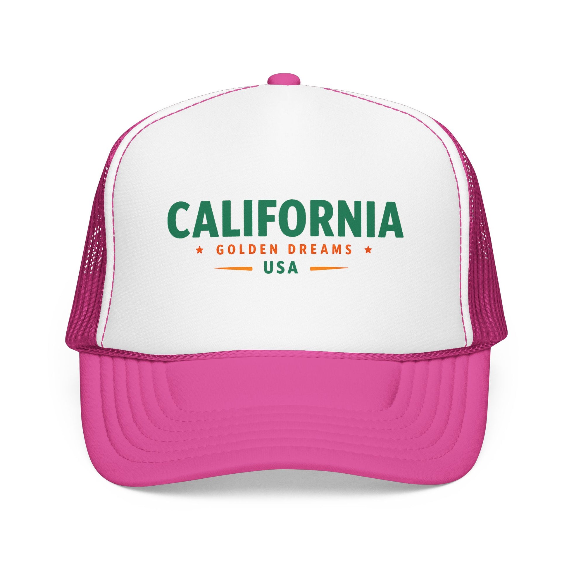 Two-tone trucker hat with white front, pink mesh sides, and green “California” logo