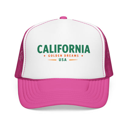 Two-tone trucker hat with white front, pink mesh sides, and green “California” logo