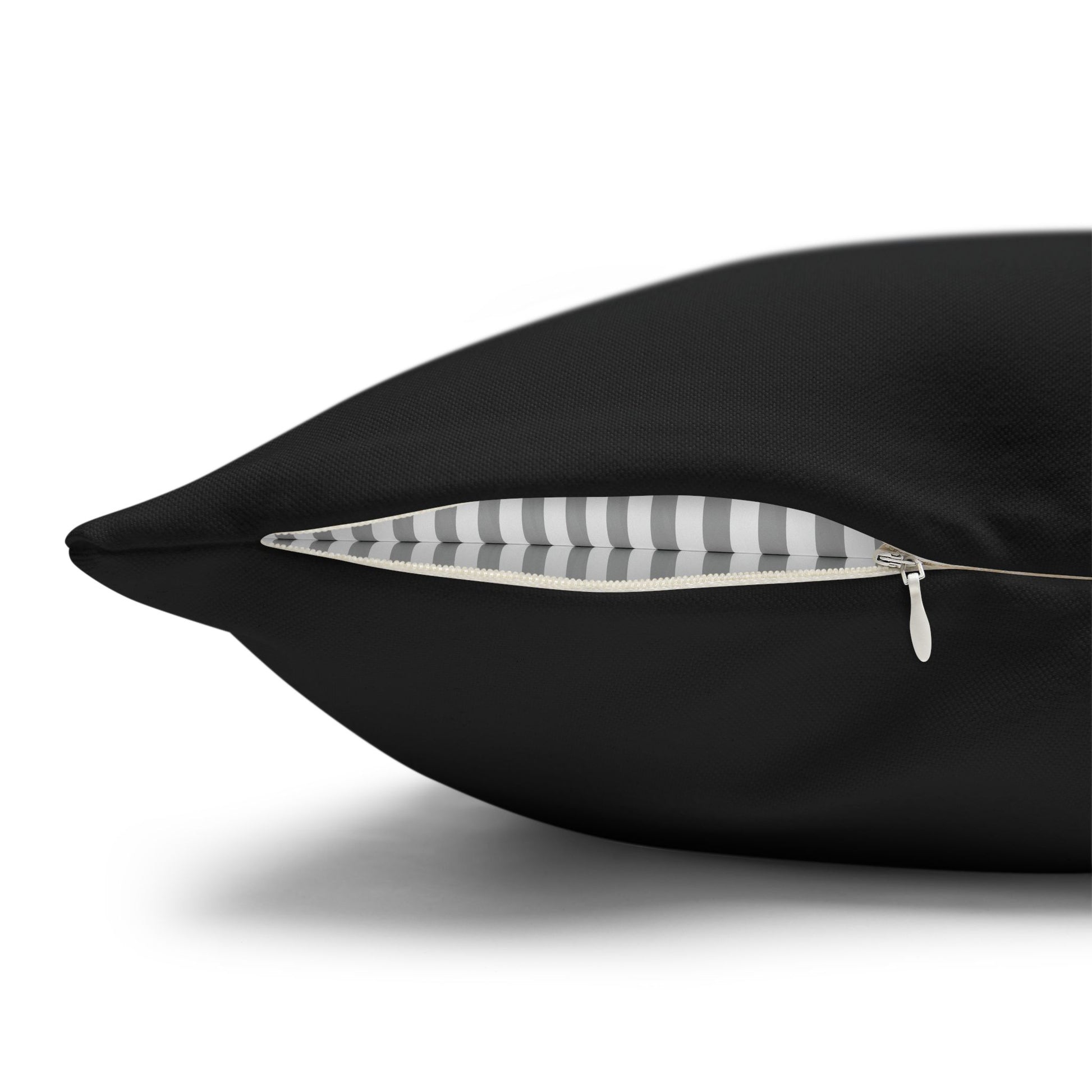 Black decor pillowcase with zipper edge and gray-and-white striped inner panel