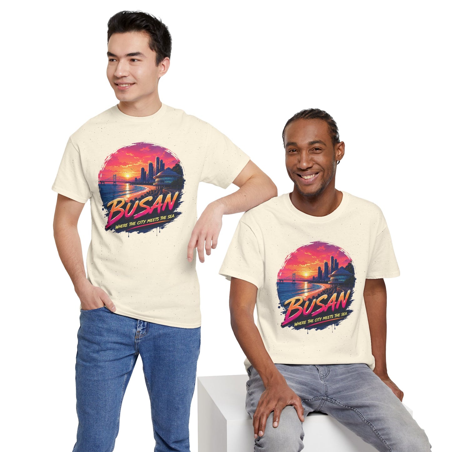 Light cream graphic t-shirt with Busan sunset seaside print, crew neck and short sleeves