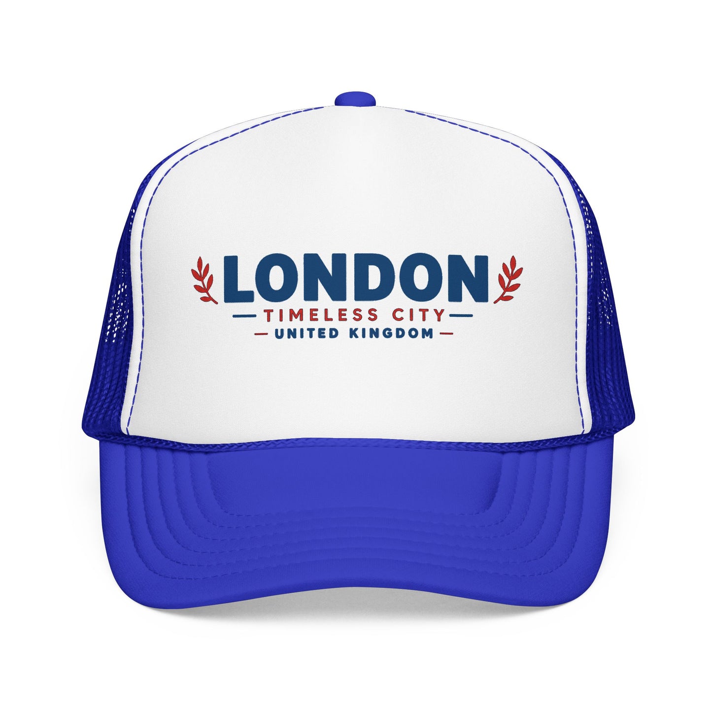 Foam trucker hat with white front, royal-blue panels, and embroidered London logo.