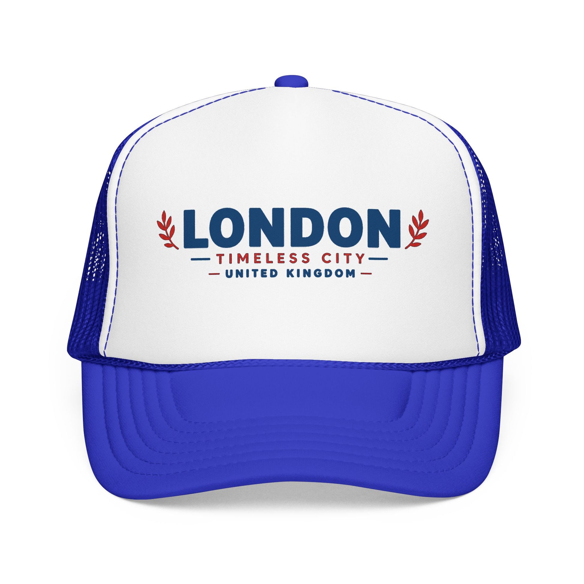 Foam trucker hat with white front, royal-blue panels, and embroidered London logo.