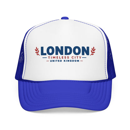 Foam trucker hat with white front, royal-blue panels, and embroidered London logo.