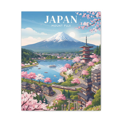 Mount Fuji cherry blossom scenic stretched canvas wall art, lake, village, and pagoda