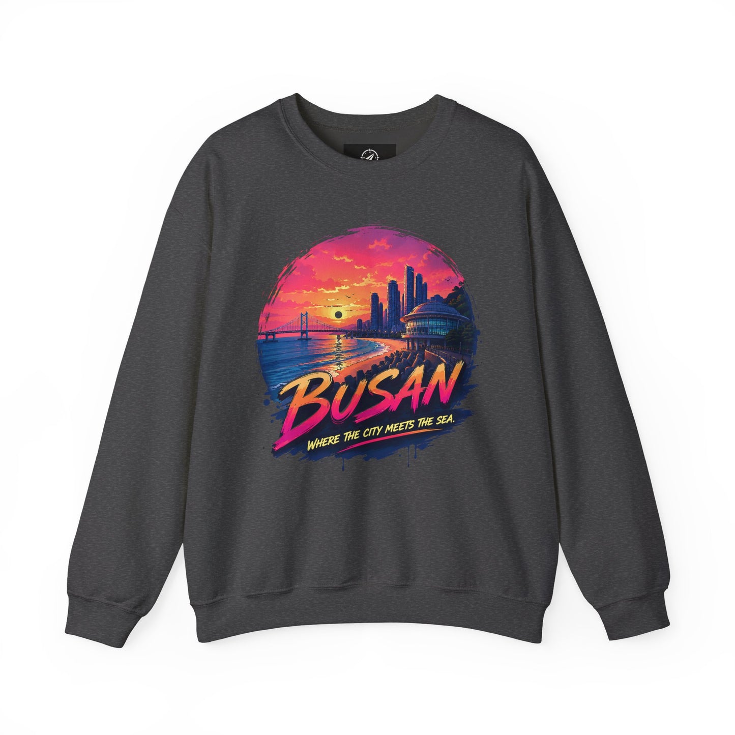 Dark heather crewneck sweatshirt, front graphic of Busan sunset over sea and skyline