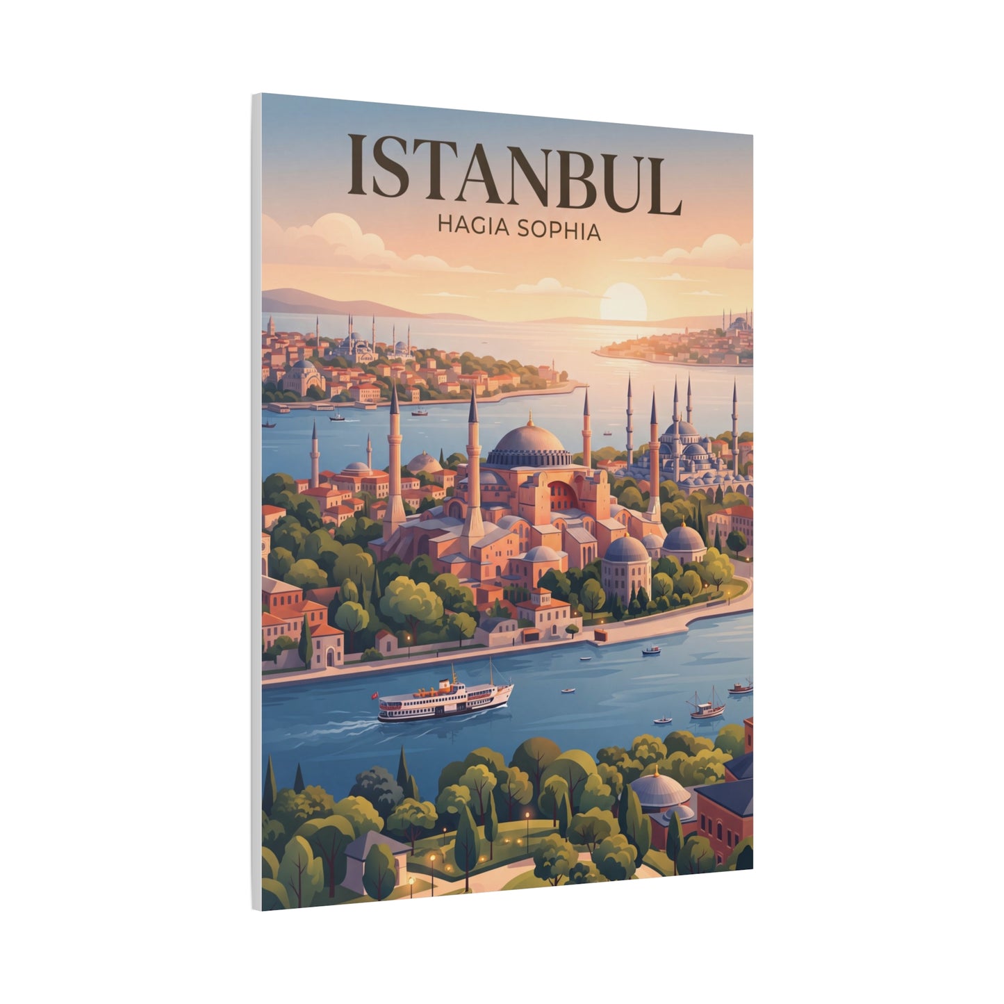 Vertical matte canvas wall art showing Istanbul skyline, Hagia Sophia, and waterfront