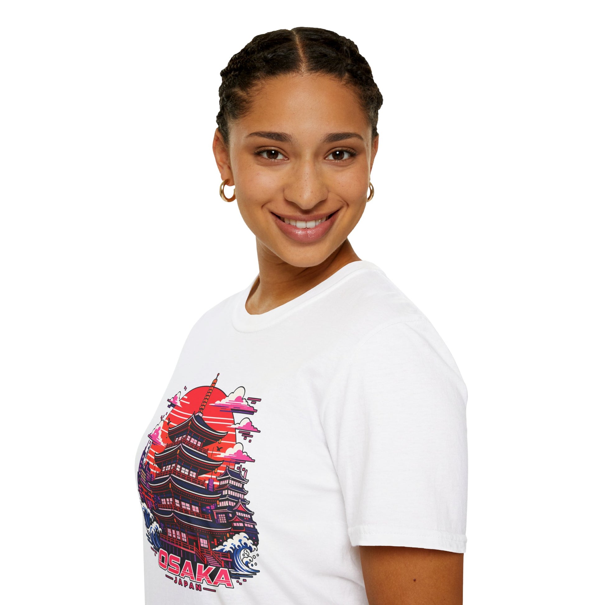 White T-shirt with Osaka graphic print, front view worn by a person.