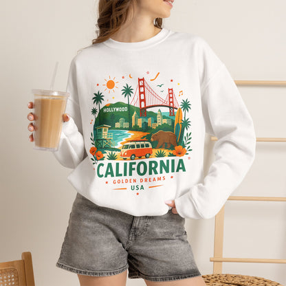 Sand crewneck sweatshirt worn by a model with California front graphic