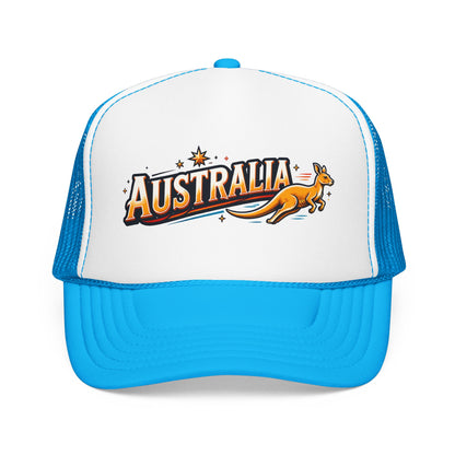 White trucker hat with blue brim and blue mesh panels; kangaroo graphic on front