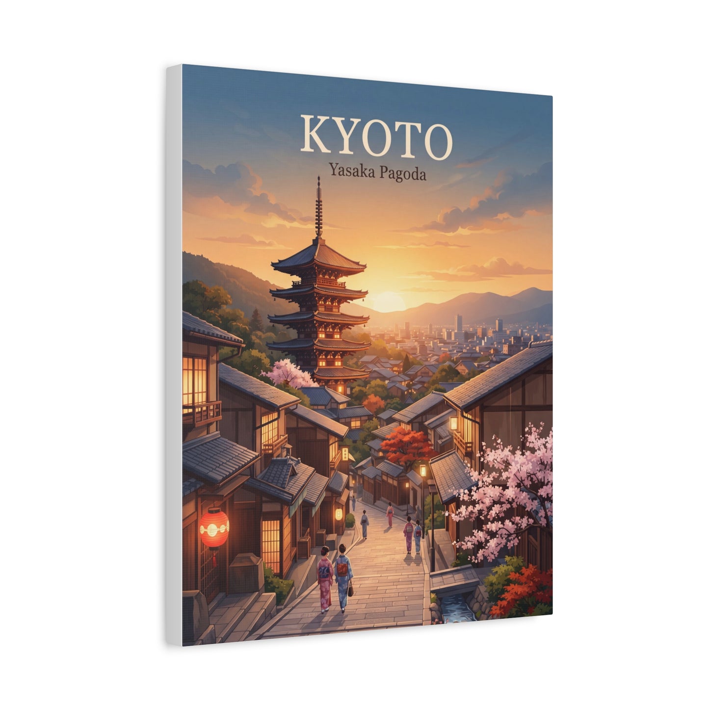 Matte canvas print of Kyoto pagoda and lantern-lit street at sunset