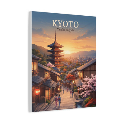 Matte canvas print of Kyoto pagoda and lantern-lit street at sunset