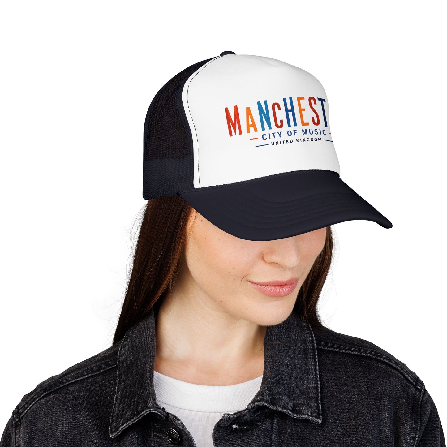 Navy and white trucker hat with embroidered Manchester City of Music logo on front panel