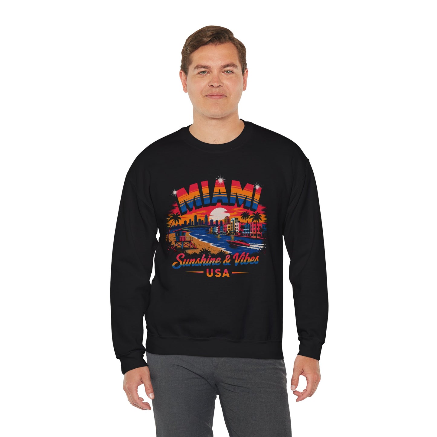 Black crewneck sweatshirt with Miami skyline graphic and Sunshine & Vibes USA print
