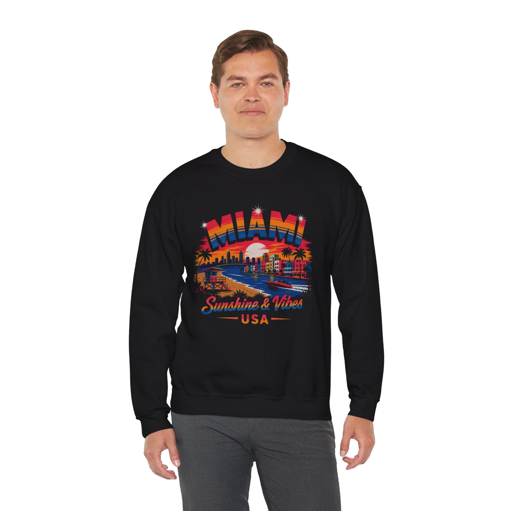 Black crewneck sweatshirt with Miami skyline graphic and Sunshine & Vibes USA print