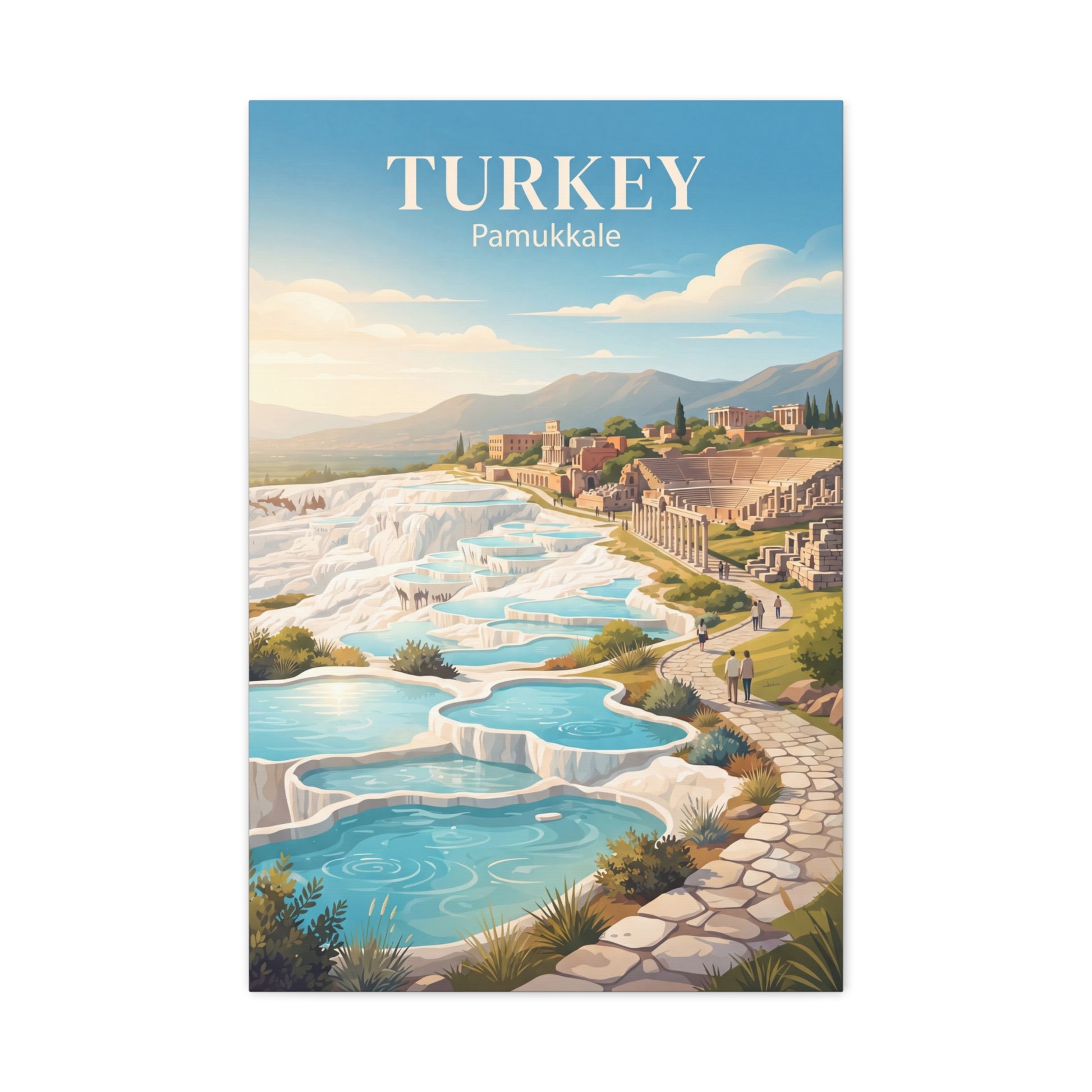 Turkey Pamukkale matte canvas wall art, front view with blue sky and turquoise pools
