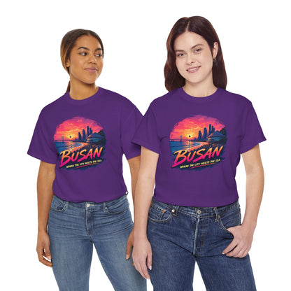Purple crew-neck T-shirt with Busan sunset city graphic on the chest.