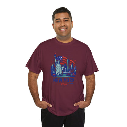 Orange crewneck T-shirt with Statue of Liberty New York USA front graphic