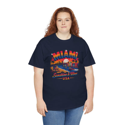 Navy T-shirt with colorful Miami skyline and "Sunshine & Vibes USA" print