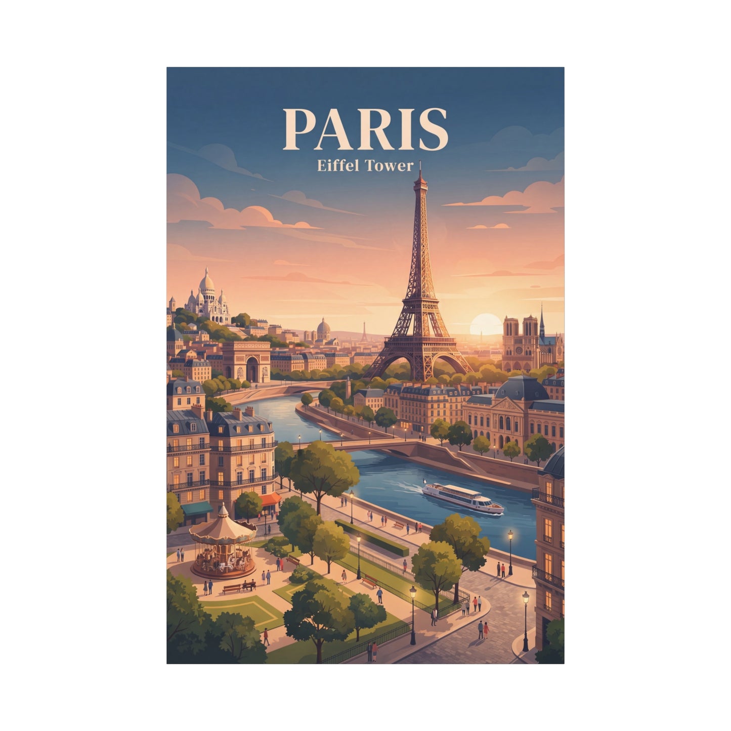 Matte canvas wall art featuring Eiffel Tower at sunset with 'PARIS' title.