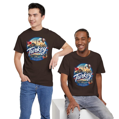 Dark chocolate Turkey-themed travel T-shirt with large front circular graphic, crew neck, short sleeves