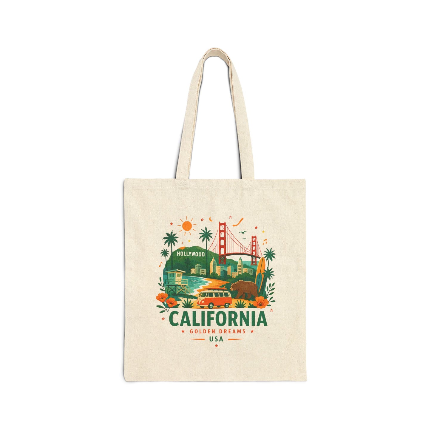 Natural canvas tote bag with colorful California landscape graphic on front