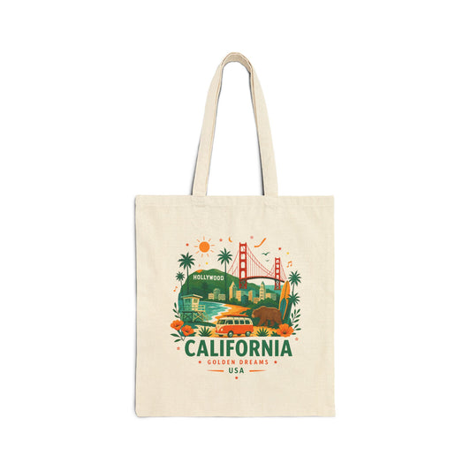 Natural canvas tote bag with colorful California landscape graphic on front