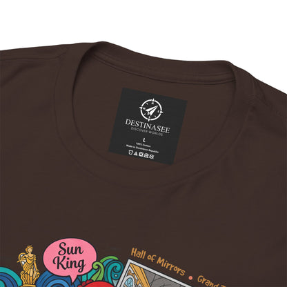 Dark chocolate crewneck T-shirt; Destinassee label and Sun King graphic detail