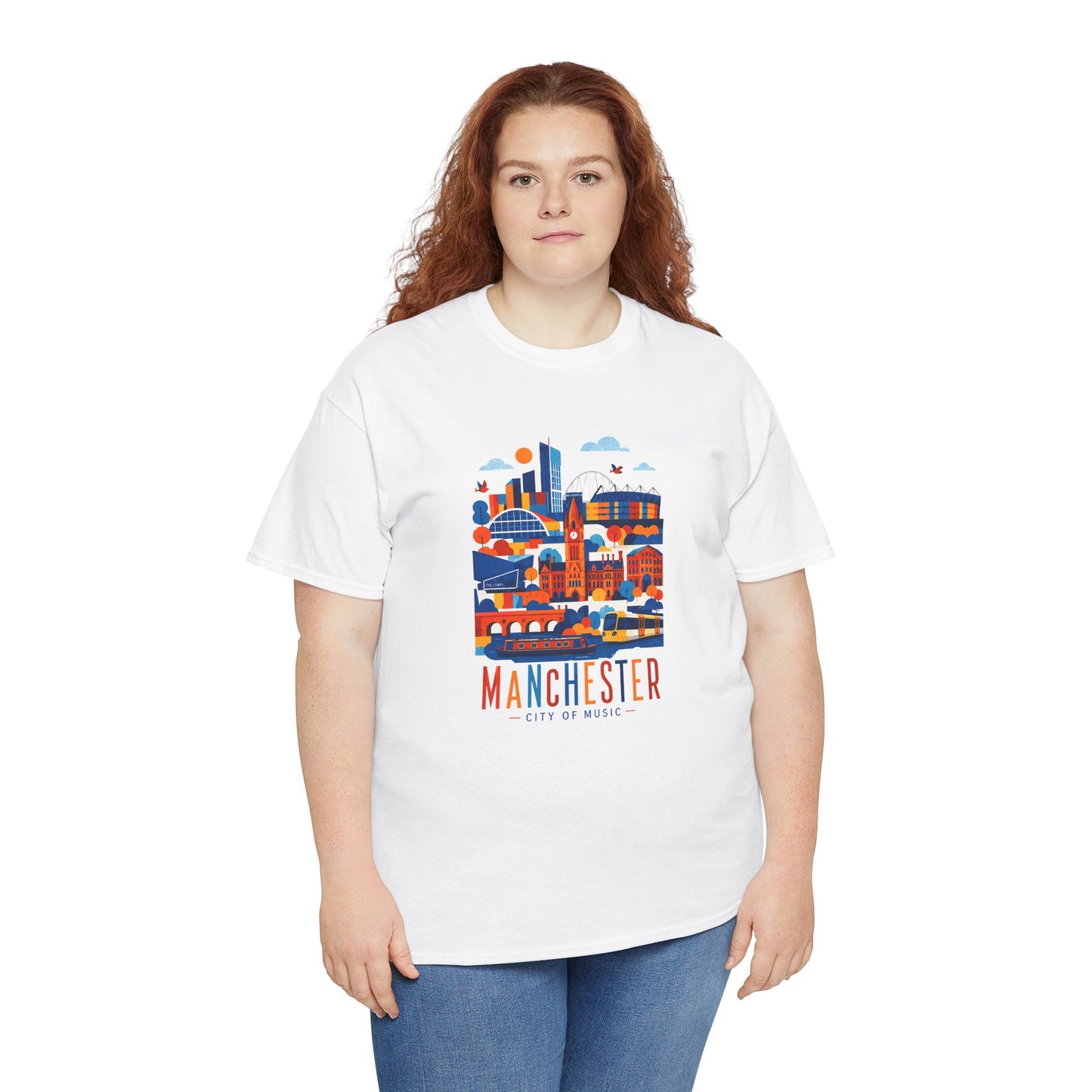Manchester Skyline T-shirt, white crew neck with Manchester city skyline graphic