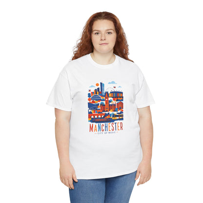 Manchester Skyline T-shirt, white crew neck with Manchester city skyline graphic