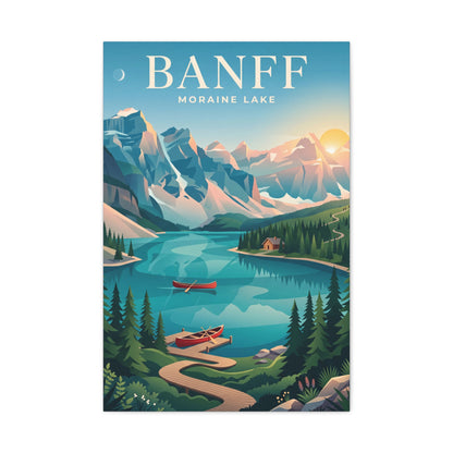 Matte canvas wall art with Banff Moraine Lake mountain landscape and red canoes