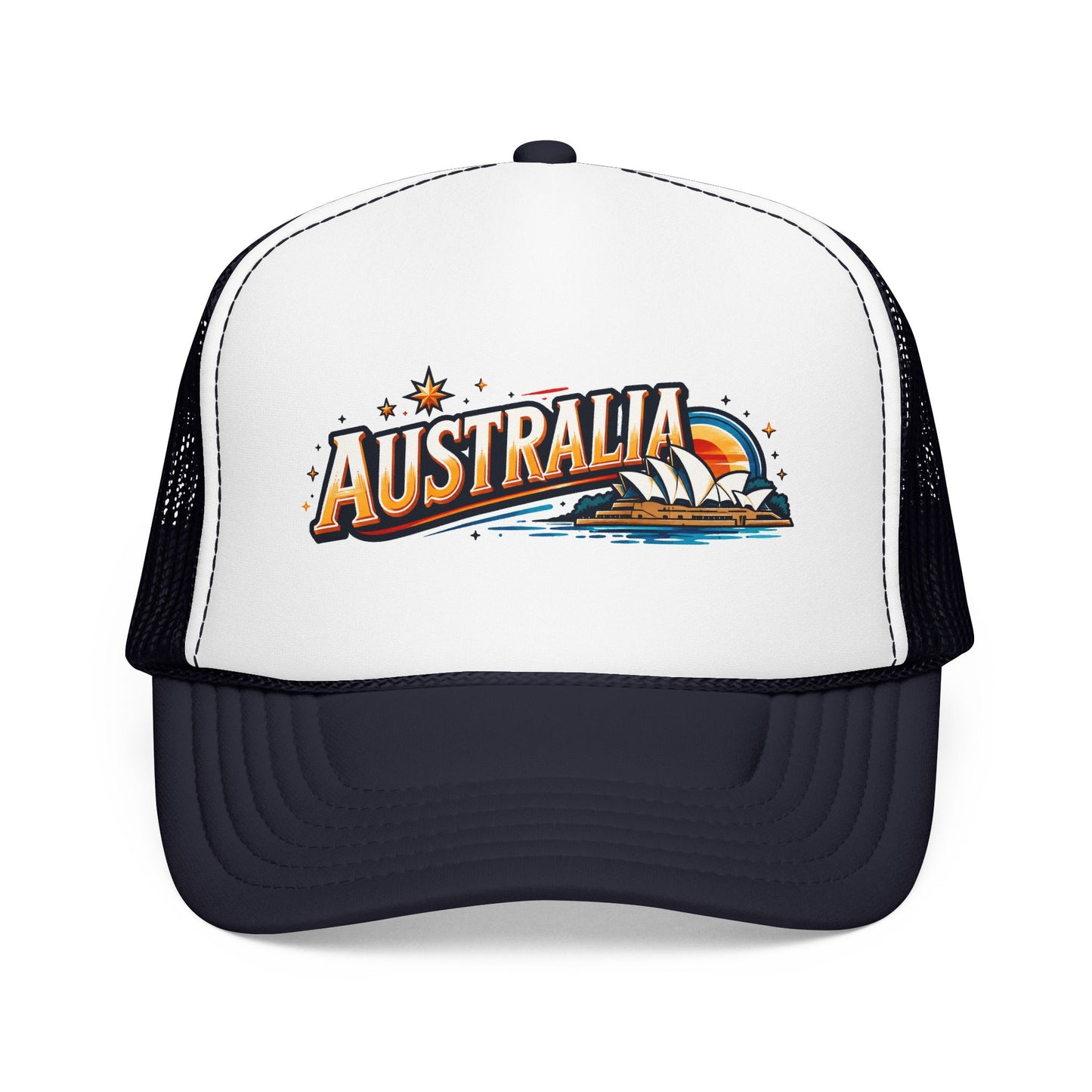 White front panel navy trucker cap with Australia graphic and curved brim