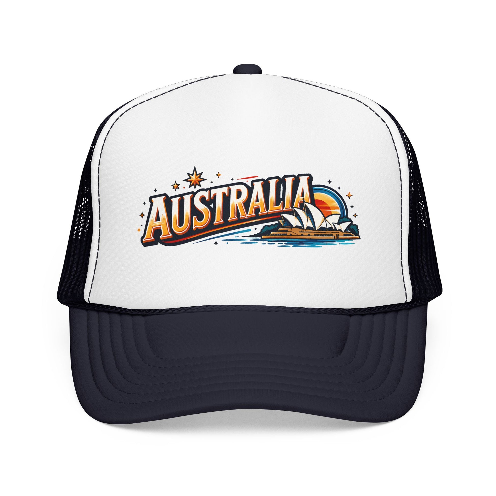 White front panel navy trucker cap with Australia graphic and curved brim