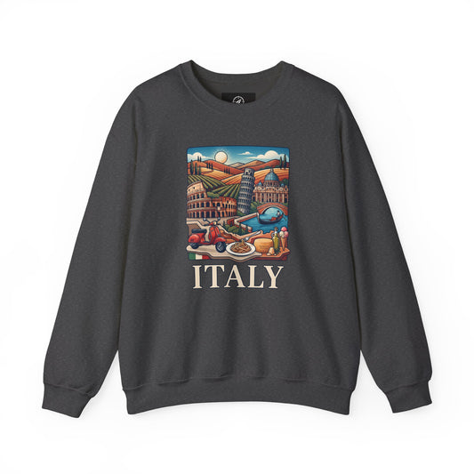 Dark gray crewneck sweatshirt with long sleeves and front “ITALY” graphic