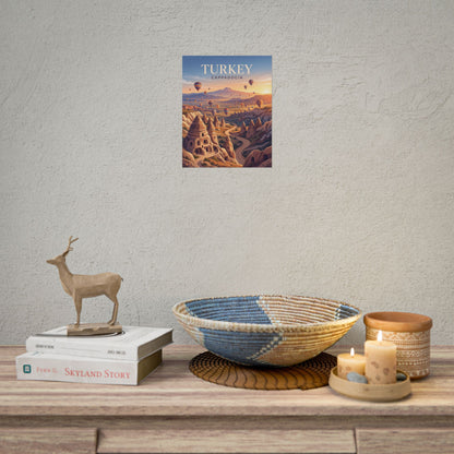 Small rolled poster on display, featuring TURKEY text and hot air balloons