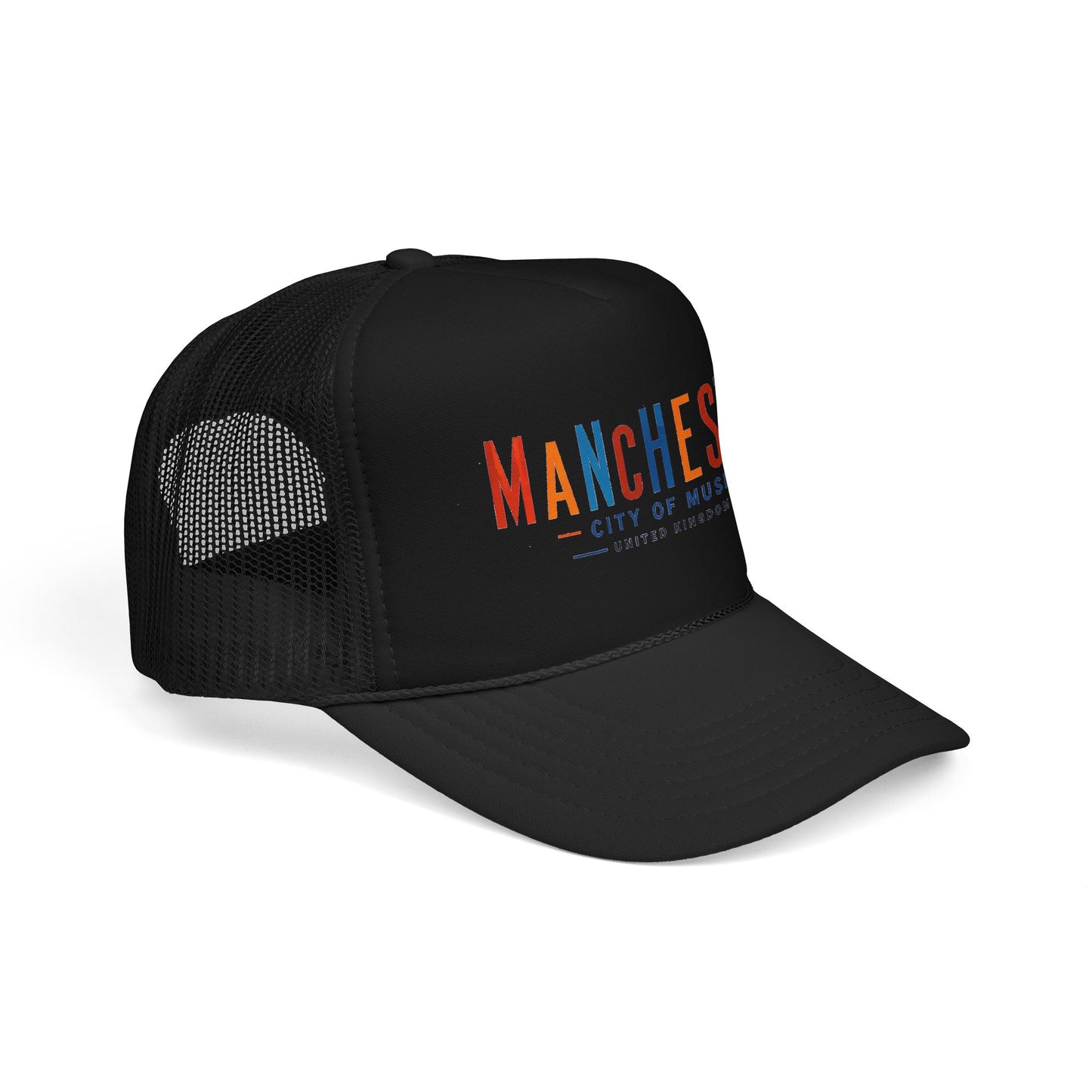 Black mesh trucker hat with Manchester City of Music logo on front panel.
