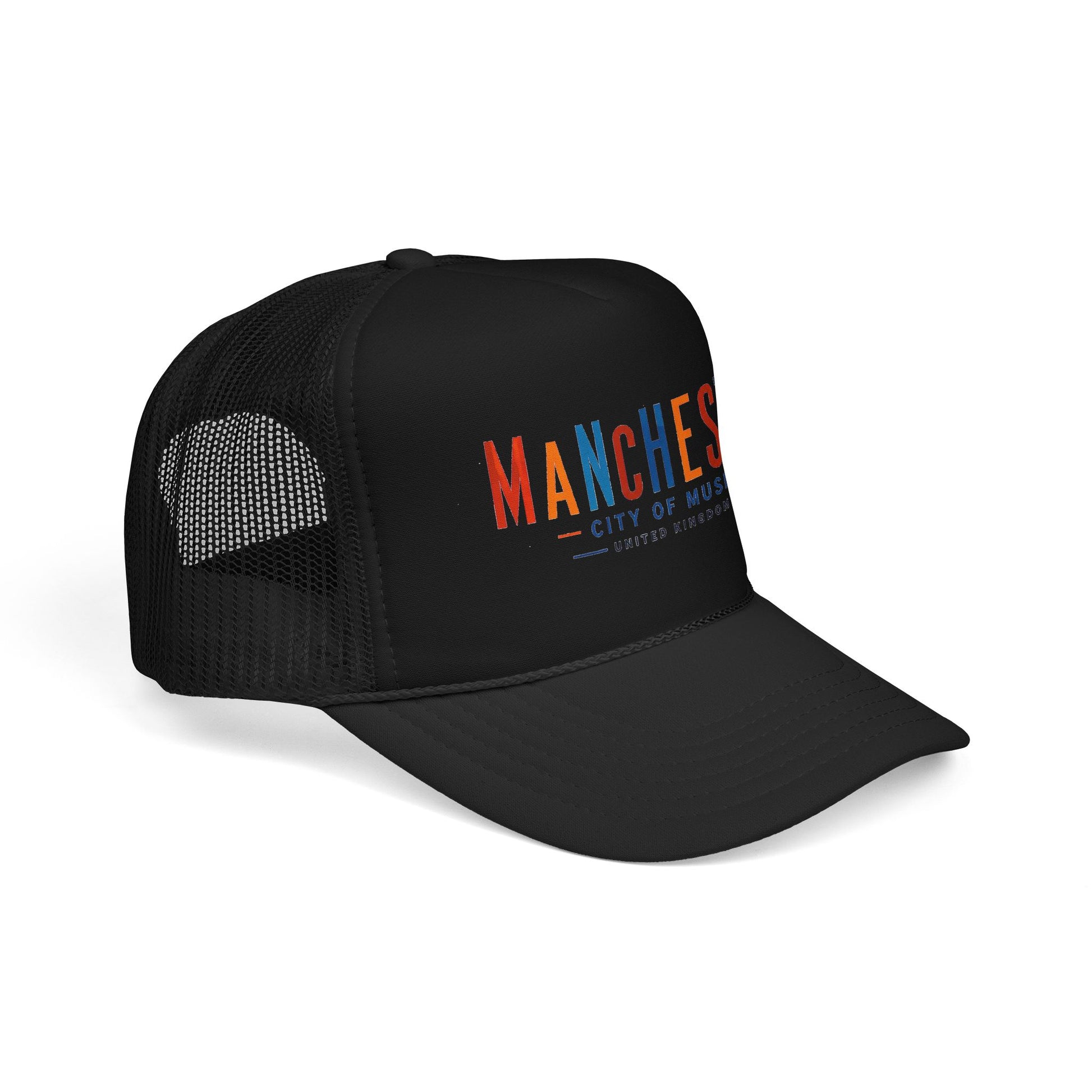 Black mesh trucker hat with Manchester City of Music logo on front panel.