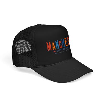 Black mesh trucker hat with Manchester City of Music logo on front panel.