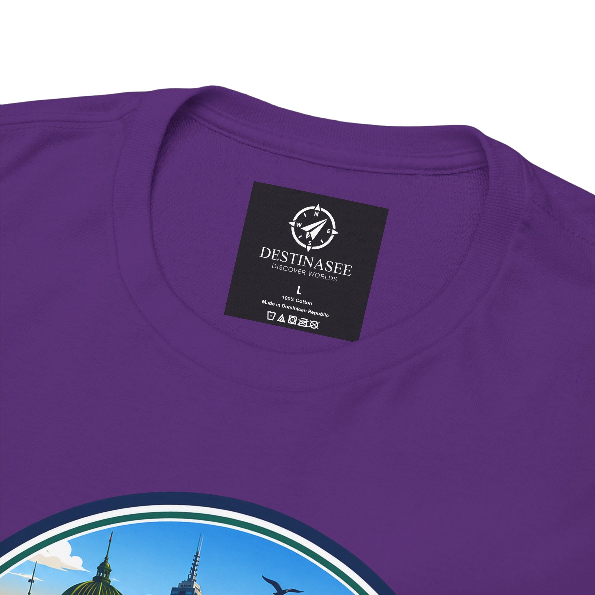 Purple short-sleeve tee close-up of back neck label and top of circular graphic