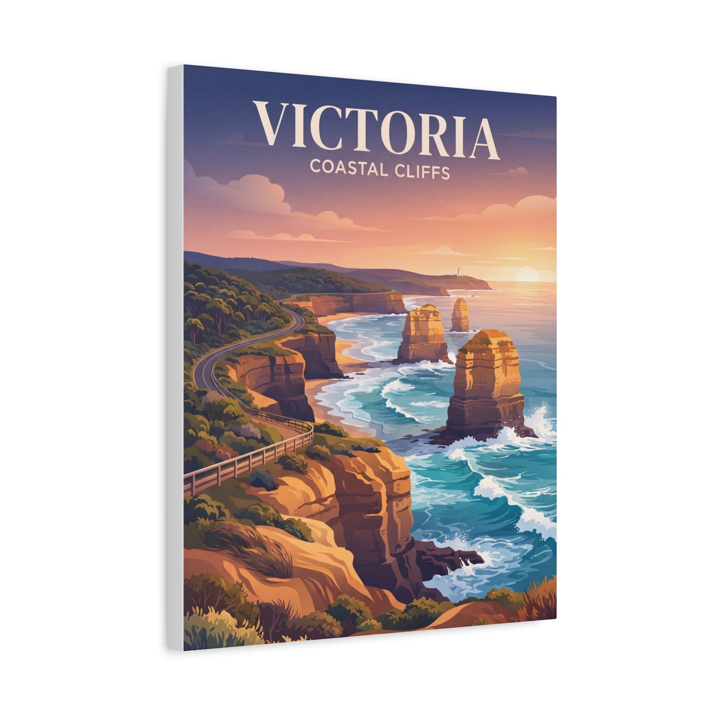 Vertical canvas wall art featuring coastal cliffs, rolling waves, and a sunset sky.